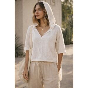 Linen Lightweight Hoodie Beach Summer Pullover Ivory M Boho Casual Relaxed Vaca